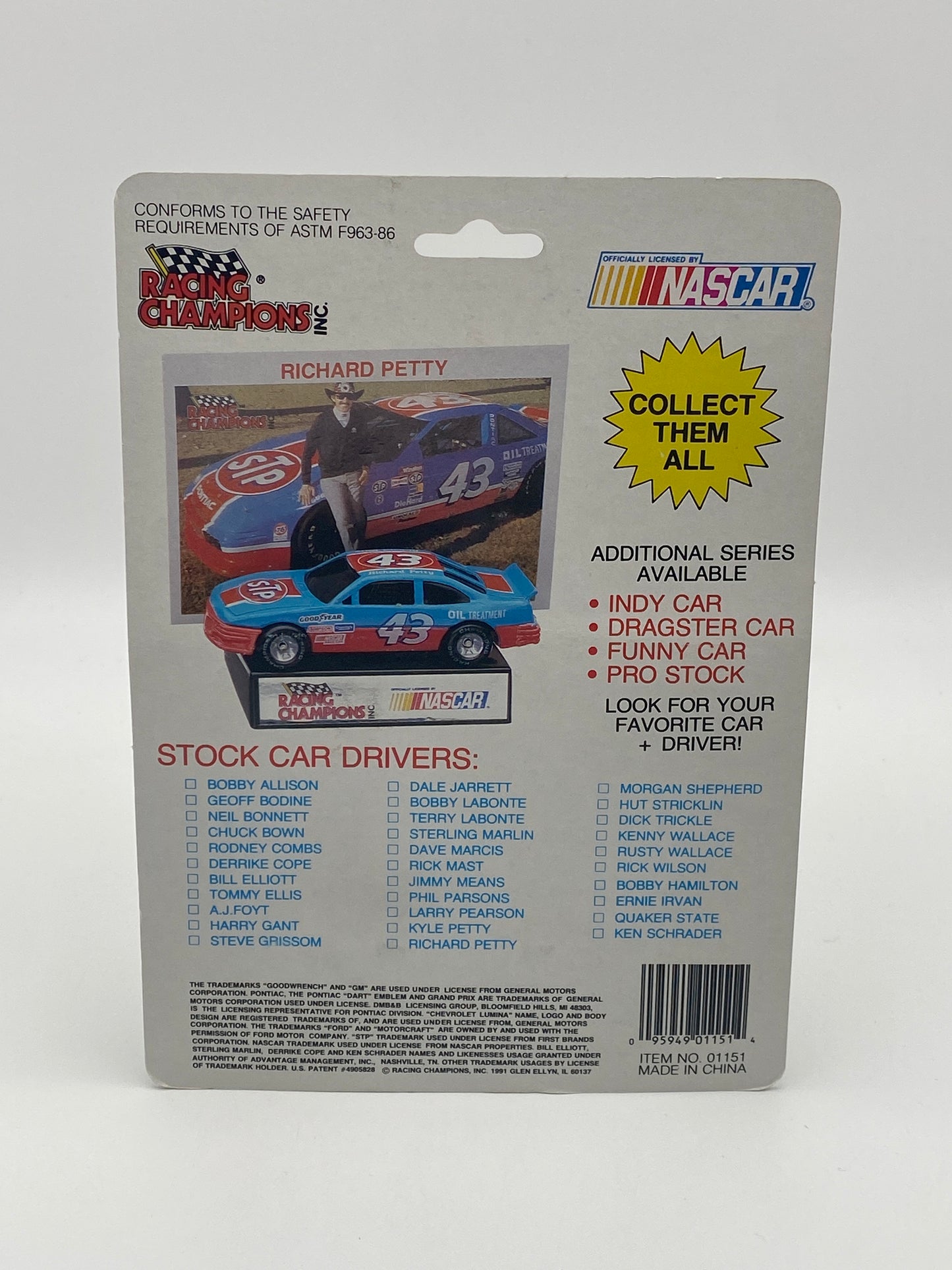 Racing Champions Nascar Stock Car 1991 Bobby Hillin #42 1:64 Die-Cast Car