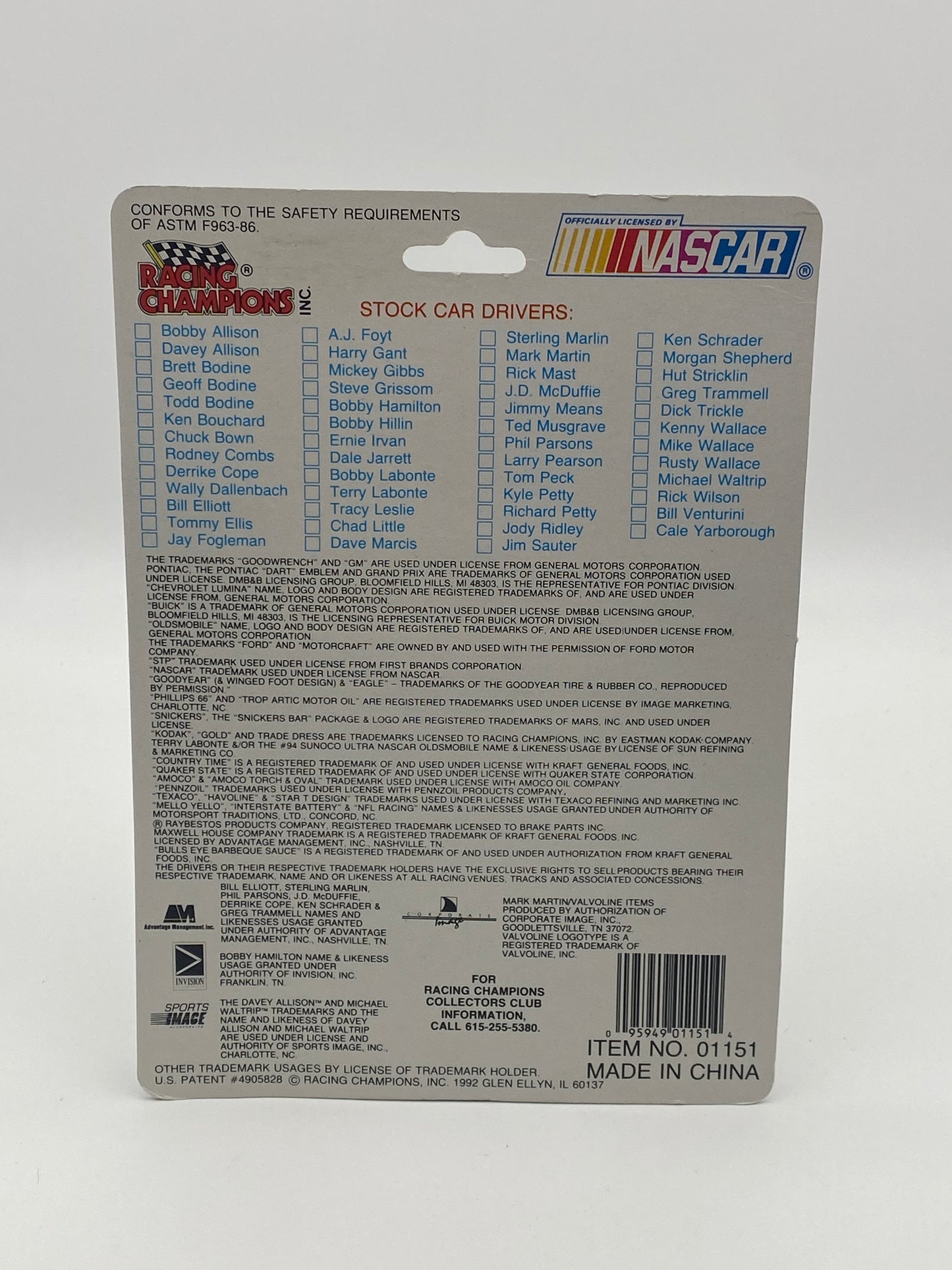Racing Champions Nascar Stock Car 1992 Dale Earnhardt #3 1:64 Die-Cast Car