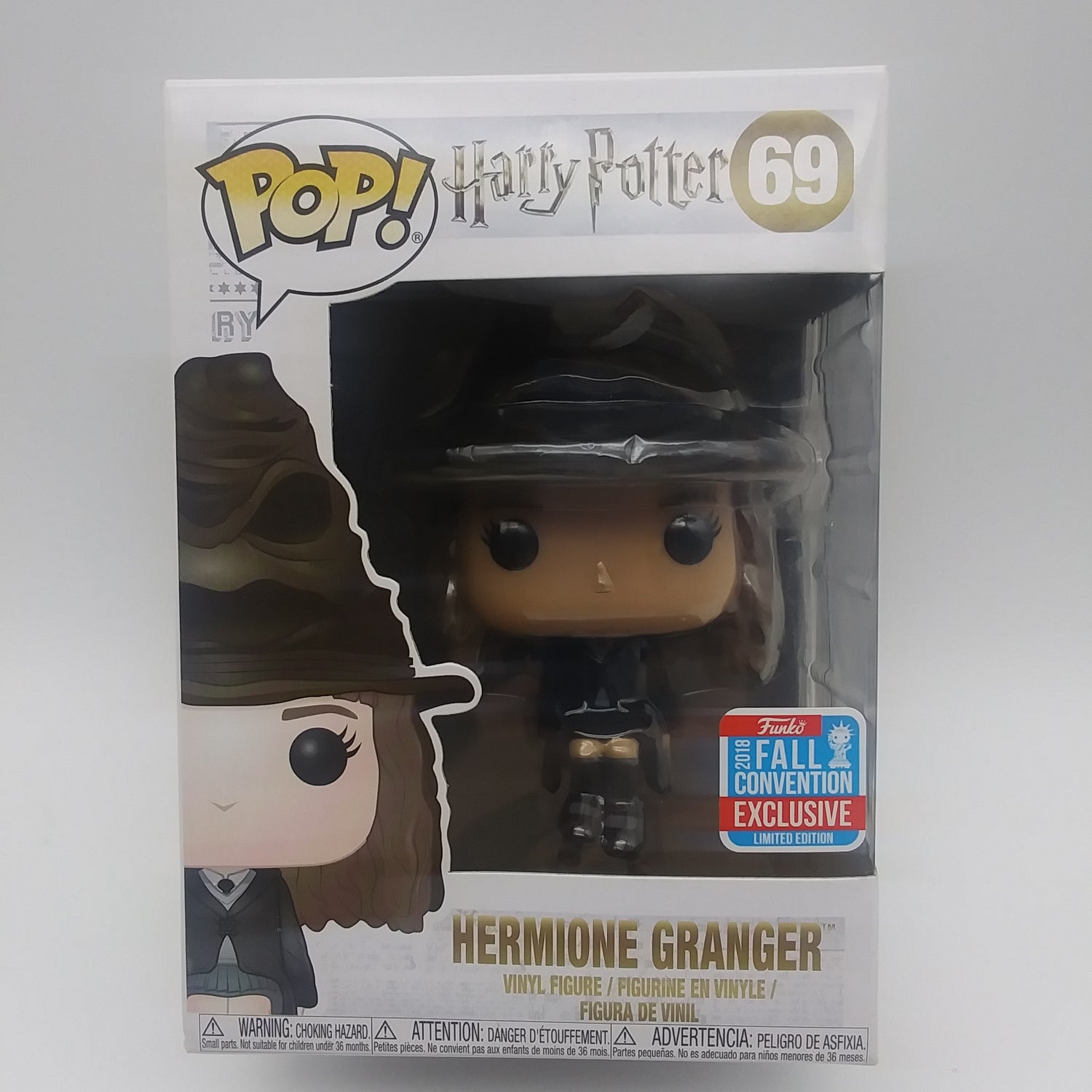 A picture of the front of the box and bubble. The figure is inside and in good condition. There is a sticker in the bottom left of the bubble that reads "Funko 2018 Fall Convention Exclusive Limited Edition"