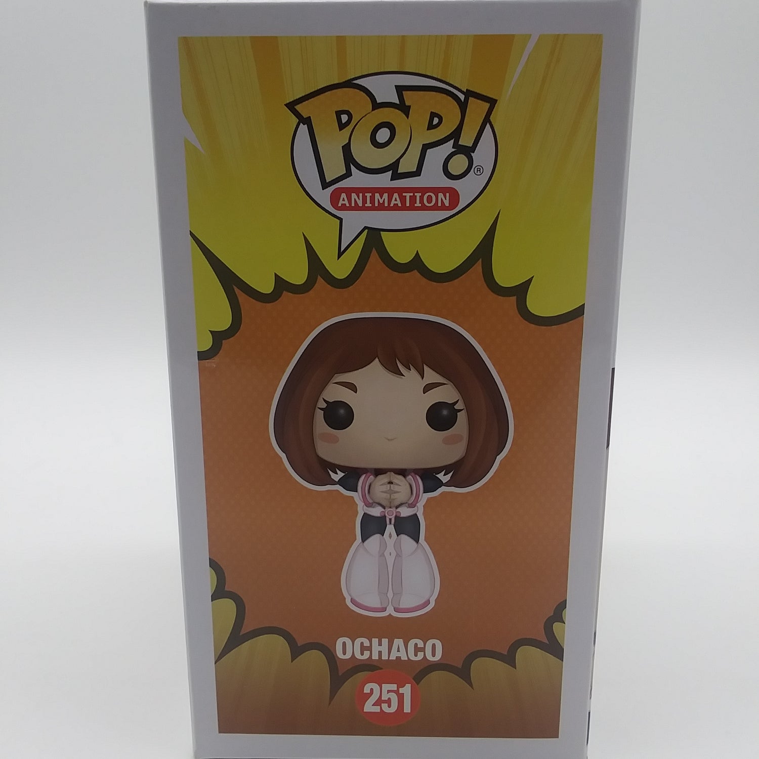 A picture of the right side of the cart and bubble. There is a picture of the figure on the side of the box, under her is her name and her box number, Ochaco and 251