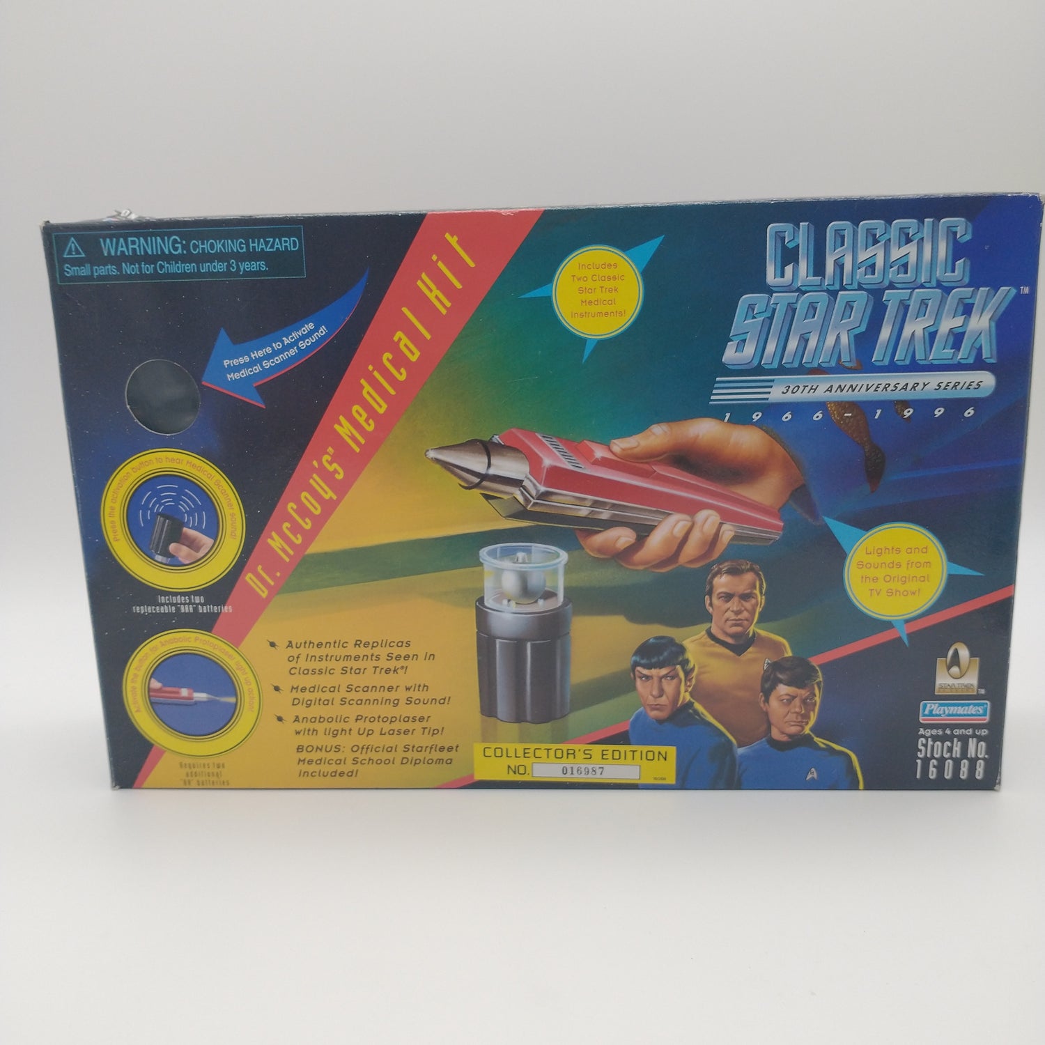 The front of the box with picture of the items, and of Spock, Kirk, and Dr. McCoy.