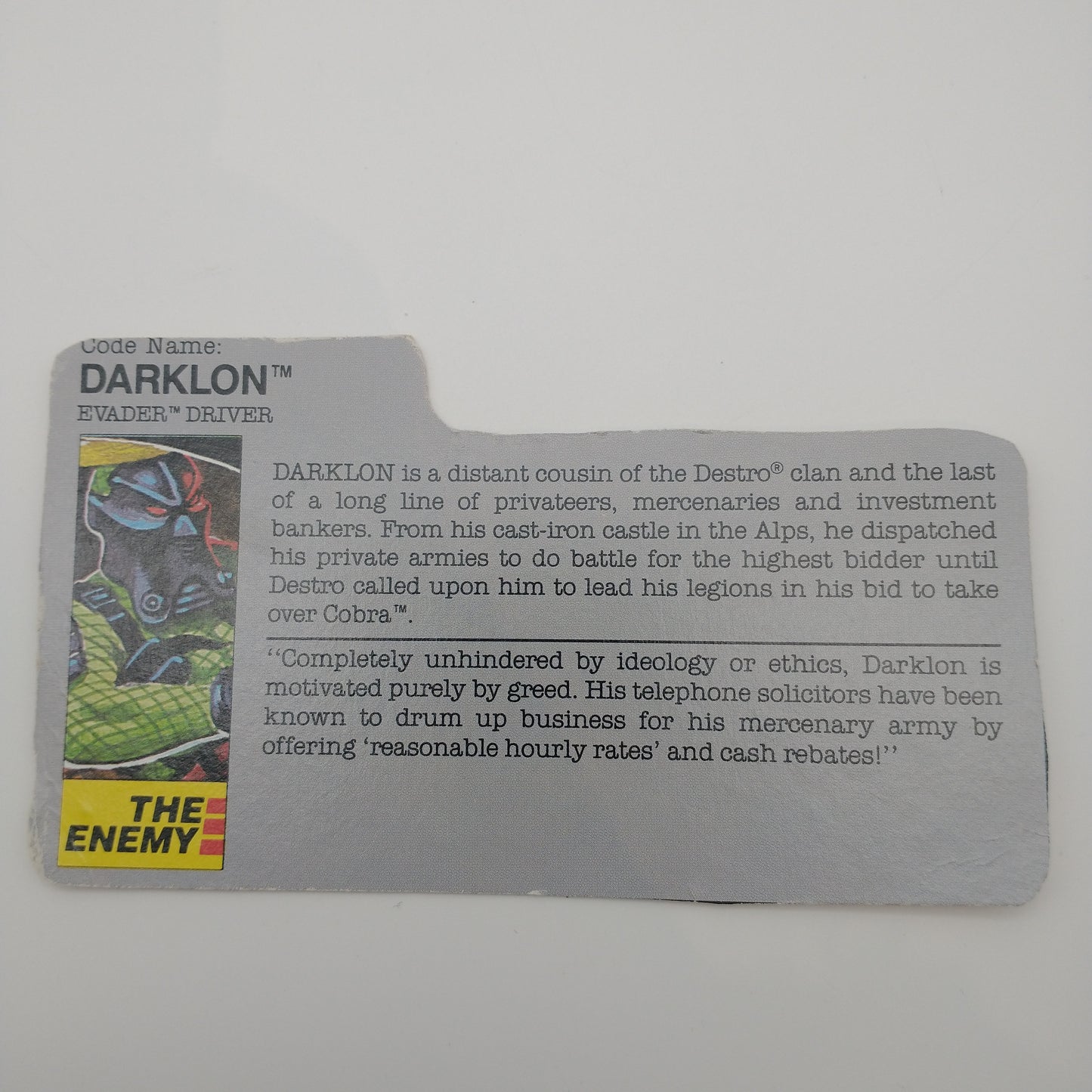 G.I Joe Darklon's Evader (v1) W/ Darklon (v1) 1989 Loose, 100% Complete W/Card