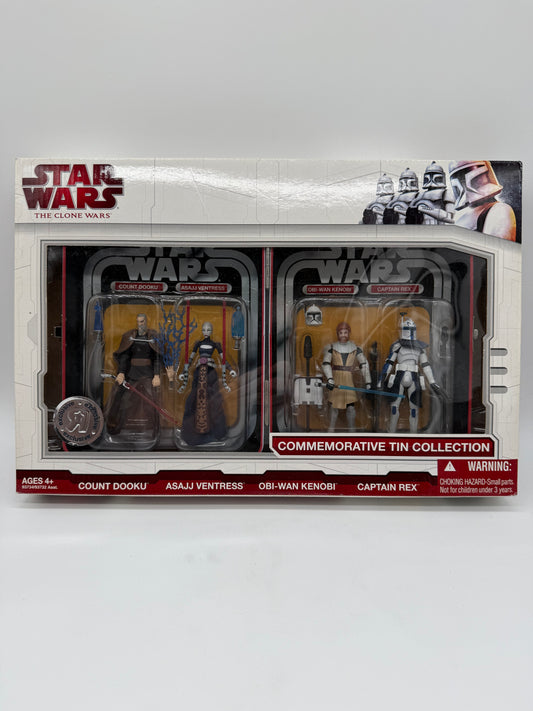 Hasbro 2009 Toys R Us Exclusive Star Wars The Clone Wars Commemorative Tin Collection Count Dooku, Asajj Ventress, Obi-Wan Kenobi, Captain Rex