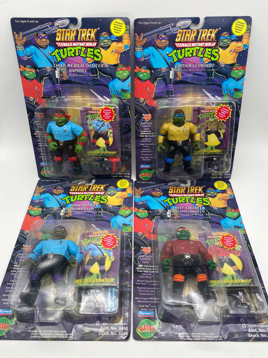 1994 Star Trek Teenage Mutant Ninja Turtles TMNT Captain Leonardo, First Officer Donatello, Chief Engineer Michaelangelo, and Chief Medical Officer Raphael Set of 4