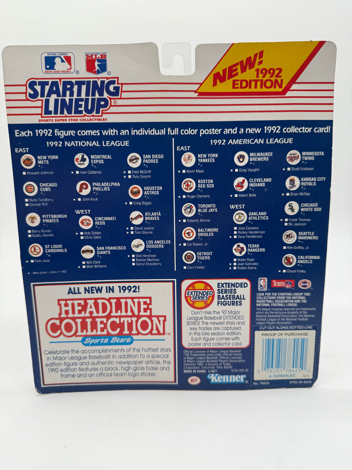 Kenner 1991 MLB Starting Lineup Juan Gonzalez, photo 2 of 2