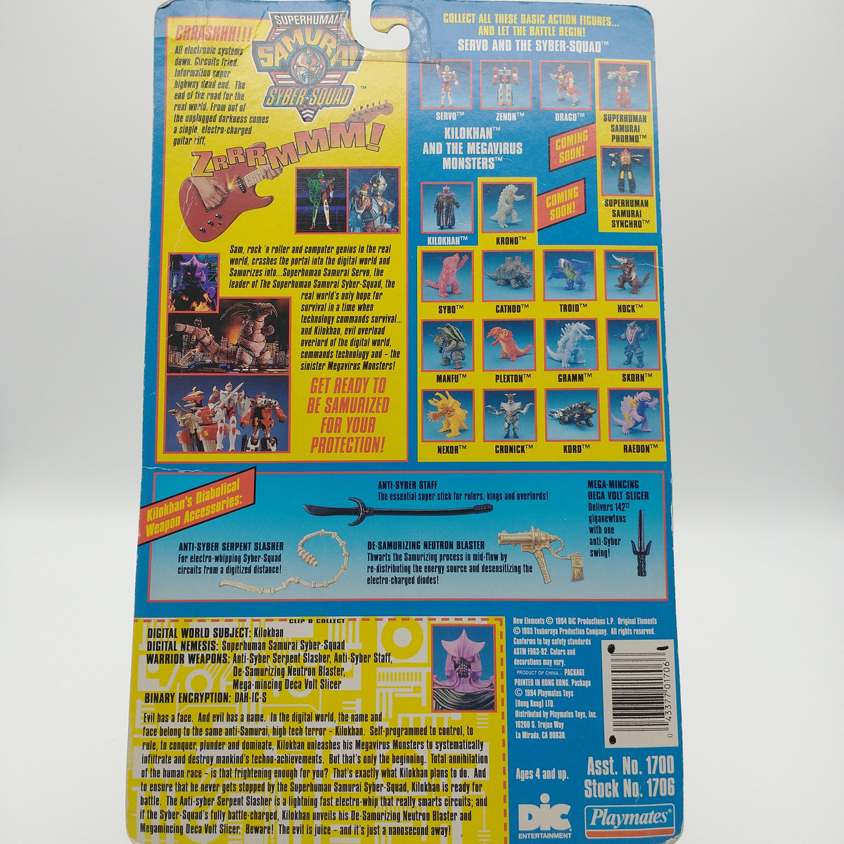 A picture of the back of the card featuring a description of the character. The text is illegible. There are also images of the weapons in the bubble and a description of other action figures available for purchase.